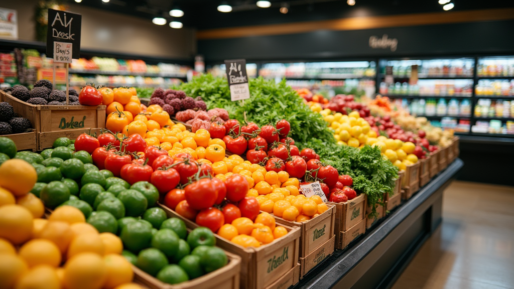 Fresh produce and a reusable shopping bag in a grocery store